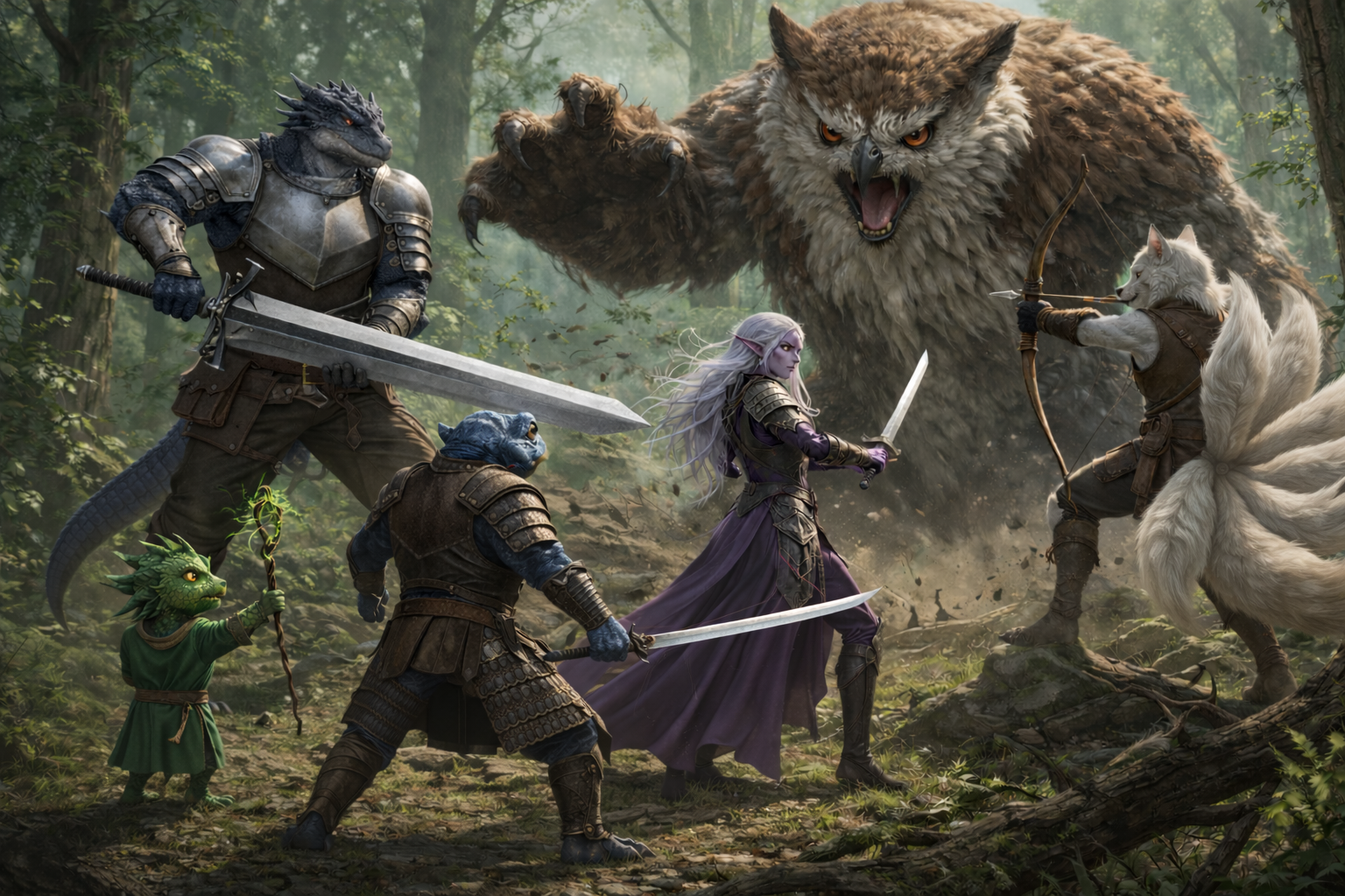 The party fights a rampaging Owlbear