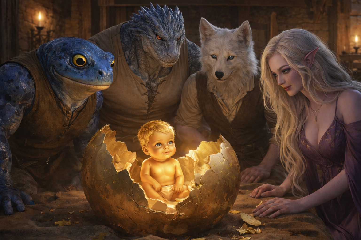 A gold baby is delivered by an ancient being