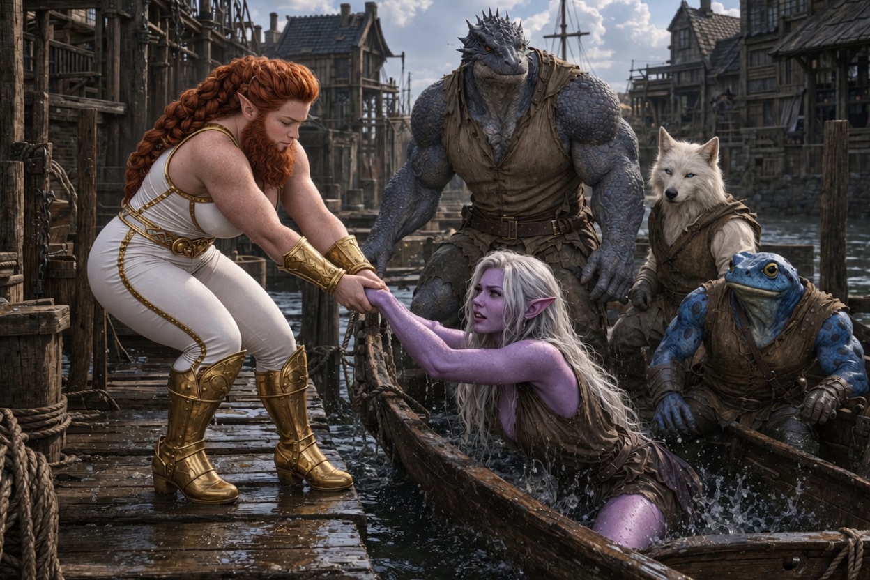 Hana pulls everyone onto the dock